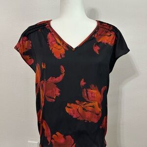 New Nine West Blouse Shirt Top Red Black Floral Colorful XS Preppy Office NWT